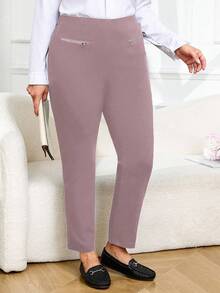 Plus Size Casual Versatile Solid Color Pants - Coffee Brown - View 4