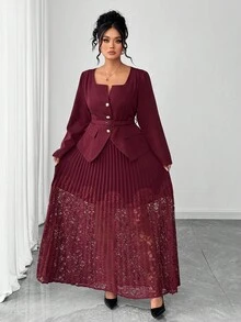 SHEIN Elenzya 2 pièces Blazer veste à manches longues avec col carré, boutons métalliques et ceinture pour femmes grandes tailles, et jupe longue plissée avec patchwork en dentelle, convient pour le travail et les occasions