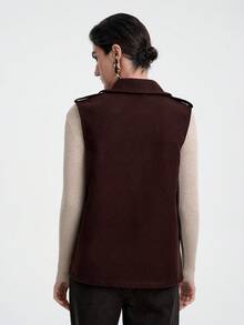 SHEIN Stylify 女士优雅纯色无袖背心外套，适合通勤 - 棕色 - 查看 2
