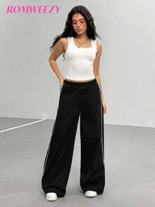 3 PiecesCasual Set For Teen Girl With Zip-Up Jacket In Minimalist Style With Contrast Trim, Soft & Comfortable White Tank Top, Matching Contrast Trim Pants, Suitable For Daily Wear And Activities