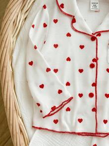 Baby Girl Cute Casual Versatile Knit Polka Dot & Heart Pattern Long Sleeve Pajama Set - White - View 8