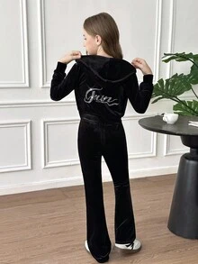 SHEIN 2 件套青少年女孩休闲时尚街头优雅假日天鹅绒水钻拉链连帽衫上衣和修身喇叭裤套装，适合圣诞节、新年派对、日常穿着 - 黑色 - 查看 8