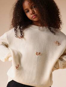 SUMWON Gemütlicher gestrickter Herbst-Winter Mädchen Pullover mit dekorativen Schleifen, Langarm Rundhals Pullover, lässiger Schul- und Feiertagsoutfit, gerippter Saum, klassischer Stil