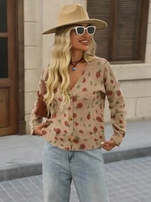 Brillora Cárdigan casual de mujer con estampado retro all-over, otoño - Albaricoque - Ver 6