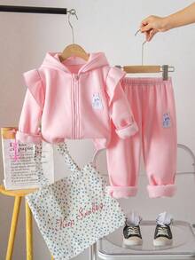 Young Girl Rabbit Print Hooded Jacket And Pants Set - Pink - View 1