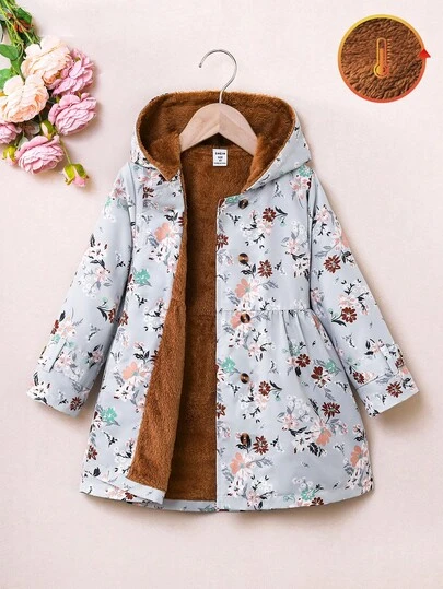 SHEIN Elladie kids Young Girl' Floral Print Thermal Lined Hooded Double-Breasted Fashion Coat, Casual Daily Wear, Winter