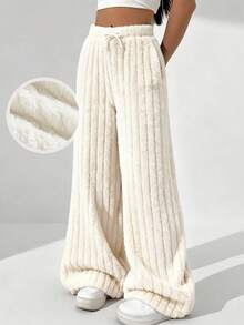 SHEIN Białe, teksturowane, dwustronne, grube legginsy dla nastolatek, z podszewką z polaru, uniwersalne do noszenia w domu, na jesień/zimę