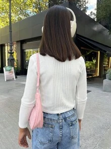 SHEIN 青少年女孩罗纹针织高领套头 T 恤，厚实保暖，百搭，适合秋冬日常穿着 - 白色 - 查看 2