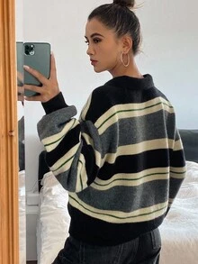 Livesso 女士休闲条纹高领毛衣，秋季 - 灰色 - 查看 2