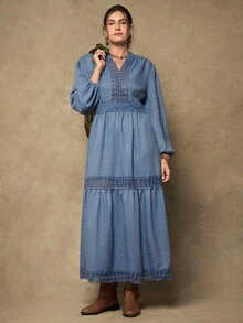 SHEIN VCAY Rochie elegantă de damă cu mânecă tip felinar și decolteu în V, mărime plus, din dantelă contrastantă