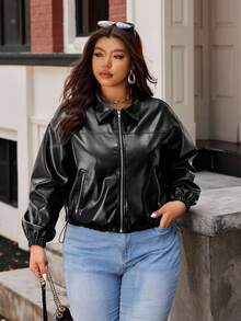 Vionelle Große Größen PU Leder Kurze Motorrad Jacke, Stehkragen Große Größen Lederjacke Große Größen Streetwear Große Größen Y2K Kleidung Große Größen Oberbekleidung XXL Damen Jacke - Schwarz - Übersicht 3