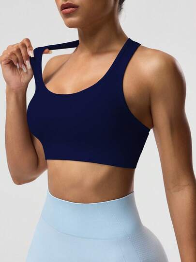 Seamluxe Sport Sleeveless Short Cropped Yoga Racerback Tank Top Royal Blauw Sports BH Workout Tops Built In Seamless Marine view 5