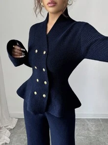 Elenzga 2 件套：优雅休闲通勤蓝色立领喇叭袖收腰开衫和直筒针织毛衣，秋冬 - 藍色 - 查看 6