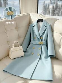 GlowEve 女士优雅双排扣长袖大衣，秋冬款 - 藍色 - 查看 1