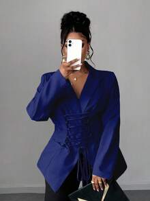 Maweii 大码女士商务通勤套装，领带设计，成熟迷人 - 藏蓝色 - 查看 7