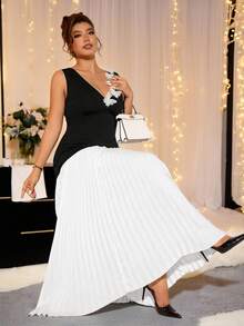 Cravure Plus Size Women Elegant V-Neck Color Block Party Dress