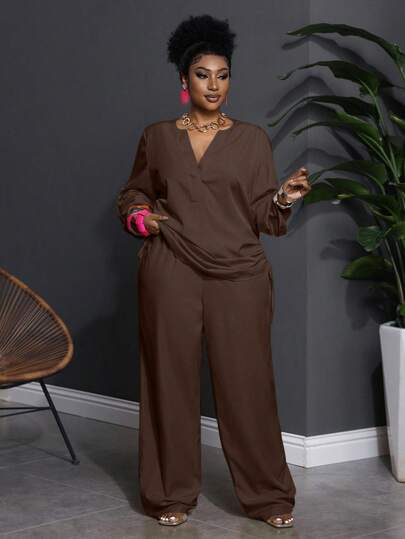 Slaydiva Conjunto de 2 piezas de top de manga larga con cuello con muesca y pantalones de unicolor informal para mujer de talla grande/estilo occidental