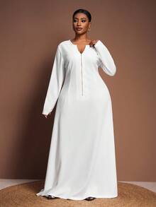 Veslaya 2025 Autumn/Winter New Arrival Elegant & Commute & Party & Date & Casual Outing & Daily Casual & Evening Dress Plus Size A-Line Solid White Long Sleeve V-Neck Front Zipper Semi-Sheer Knit Maxi Dress For Plus Size Women,Elegant Dresses For Women,White Dress For Women,One-Piece Dress Ladies Autumn Winter