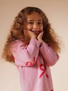 SUMWON 女童针织毛衣裙蝴蝶结图案长袖秋冬休闲节日派对特殊场合中长款可爱日常穿着舒适 - 粉色 - 查看 4