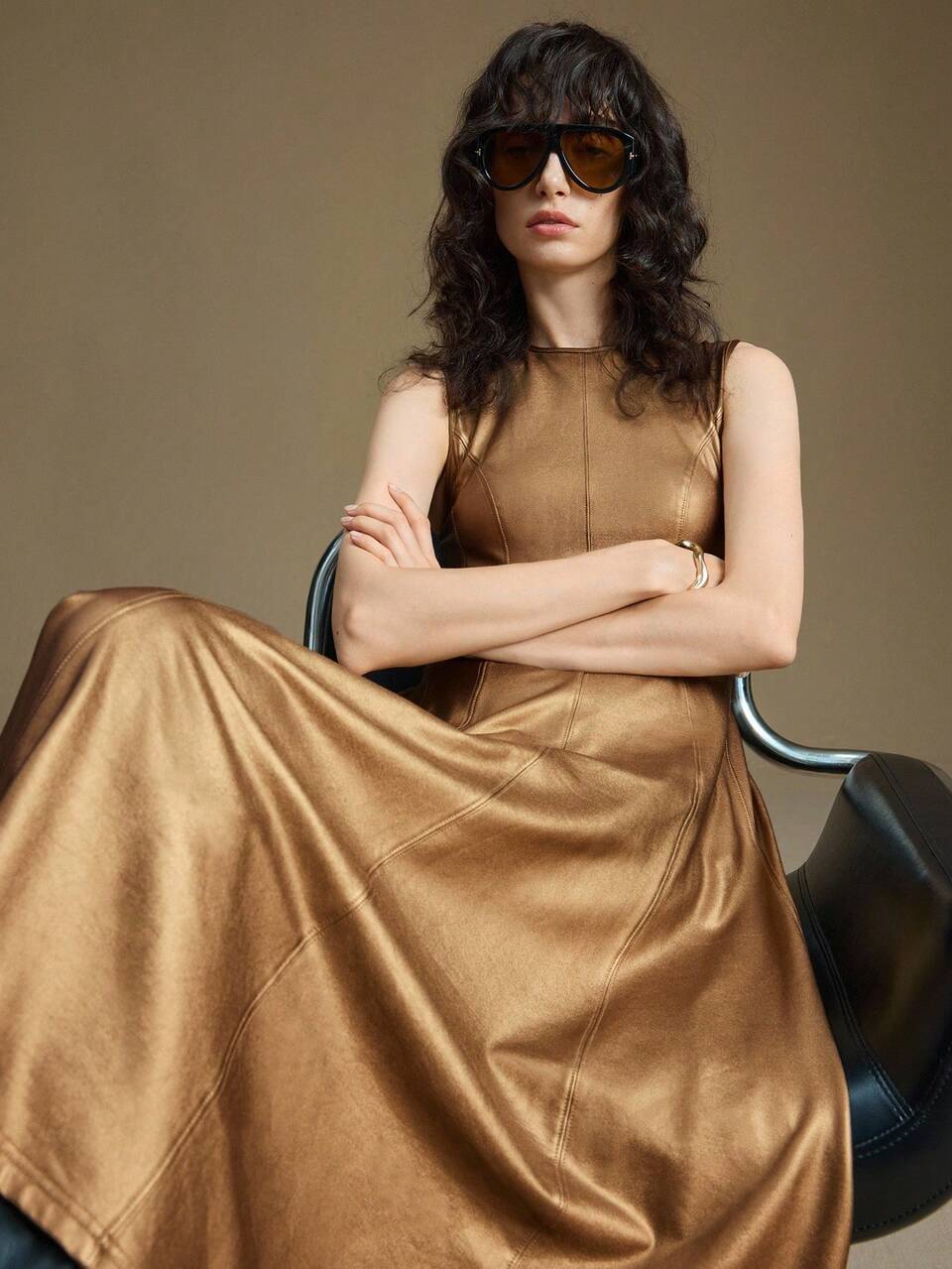 Brown And Gold Summer Elegant Bar Party Wedding Guest Dress,Gold Pearlescent Coated Fabric Flared Midi Dress,Loose Fit Modern Urban Style Daily Wear