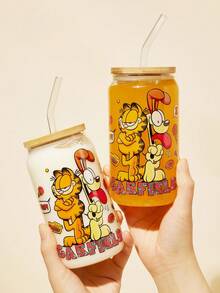 GARFIELD | SHEIN Taza de vidrio borosilicatado alto con estampado de gatos y perros de dibujos animados (incluido cepillo para limpiar la pajita), adecuada para bebidas frías y calientes, café, leche, jugo, etc.