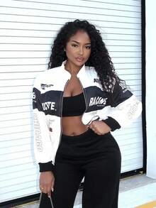 Alexandranx Letter Print Contrast Color Drop Shoulder Bomber Jacket For New Year Clothes Fall Winter Cloth For Women