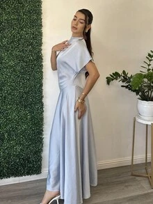 Andrea Bello 女士优雅纯色蝙蝠袖长裙 - 淺藍色 - 查看 5