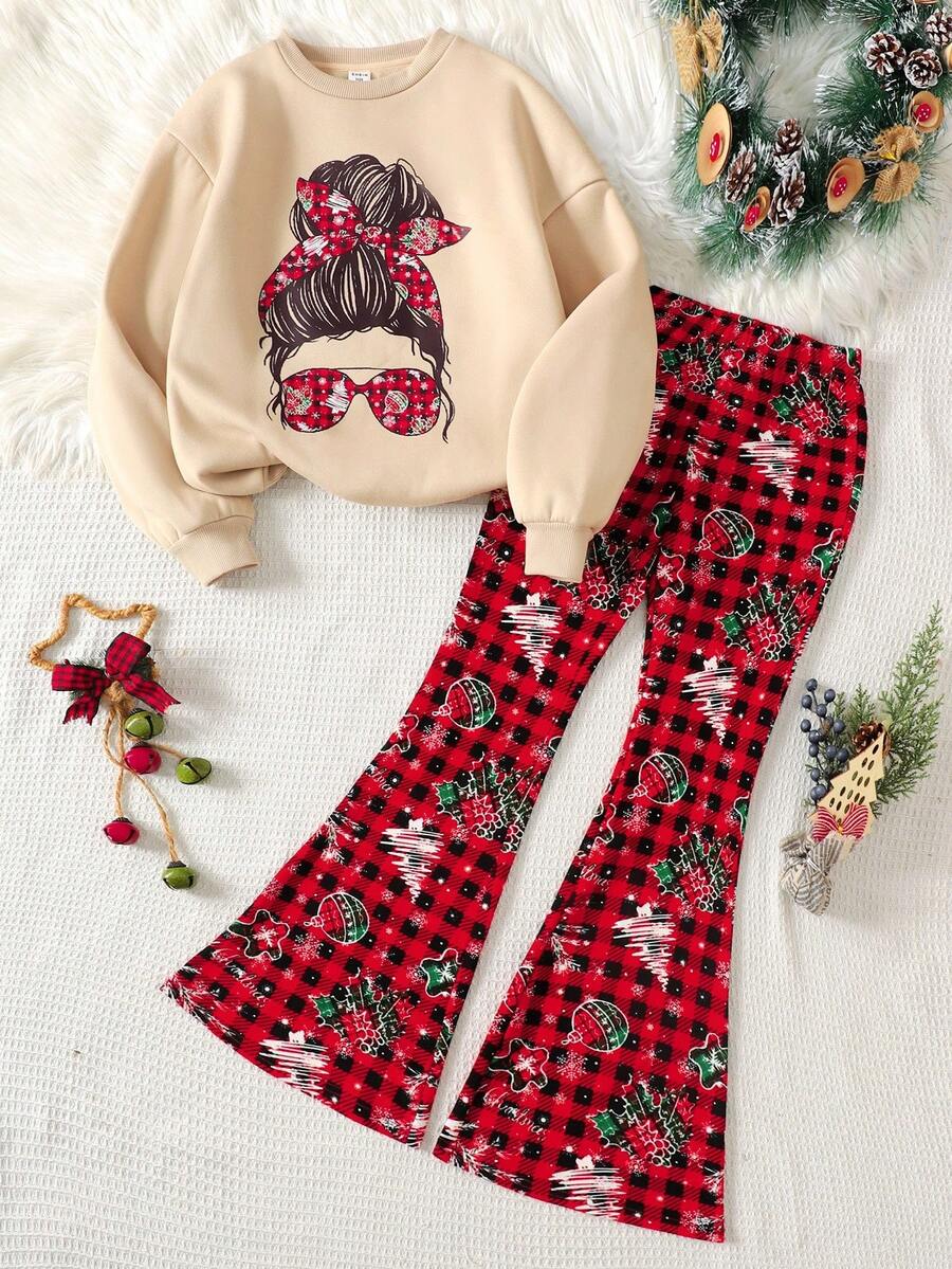 Tween-Mädchen 2-teiliges Set mit Sweatshirt und Hose mit Rundhalsausschnitt und Weihnachtsbrötchen-Muster