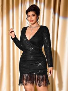 Cravure Vestido mini de mujer talla grande para fiesta de compromiso/cumpleaños, vestido elegante de lujo de nicho de alta gama con lentejuelas y flecos, vestido sexy de escote en V - Negro - Ver 5