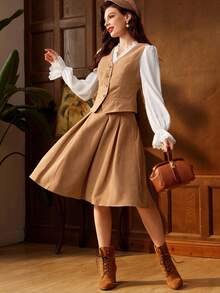 Vintamour 复古优雅的女士褶皱 A 字裙，配腰带，棕色，适合工作或休闲场合，返校服装秋装秋装教师服装冬季女士复古服装卡其色裙子返校节裙子短款栗色 - 卡其色 - 查看 3