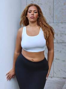 MelDlgn Plus Size Women's Summer Solid Color Sleeveless Crop Top With Round Neckline, Slim Fit - White - View 1