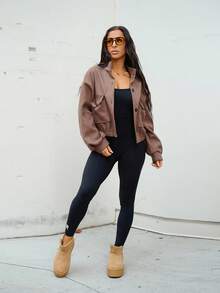 SAYEHFBABY Solid Coloured Stand Collar Pocket Short Jacket For Women,Fall Clothes - Coffee Brown - View 4