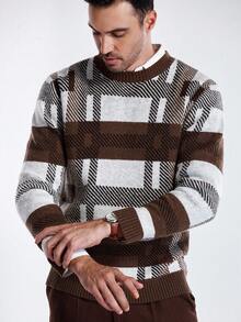 Manfinity CityGents Men's Casual Colorblock Plaid Knit Sweater, Autumn/Winter - Brown - View 4
