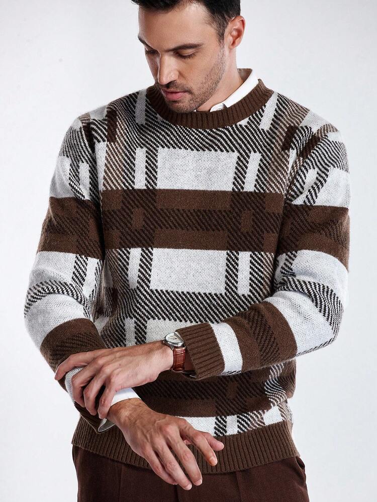 Manfinity CityGents Men's Casual Colorblock Plaid Knit Sweater, Autumn/Winter - Brown - View 4