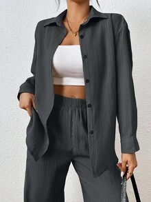 SHEIN PETITE 2pcs Women Solid Color Long Sleeve Single-Breasted Shirt And Pants Casual Suit, Autumn - Grey - View 5