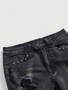 ROMWE Grunge Punk Y2K朋克铆钉装饰做旧复古水洗修身低腰七分牛仔裤 - 黑色 - 查看 3