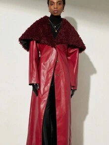 Aveloria Modichic 红色皮革拼接长款束腰夹克，复古优雅风格，适合秋冬季通勤和约会穿着，系带设计凸显身材。 - 紅色 - 查看 2