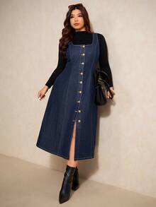 Elaquor 大码休闲通勤前扣无袖牛仔连衣裙