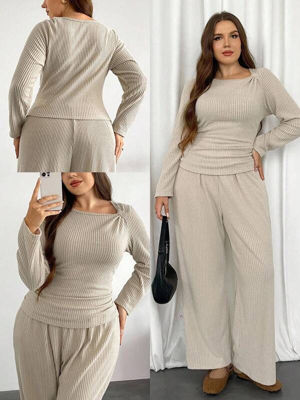 Firerie مجموعة قميص كاجوال طويل الأكمام مطاطي مع بنطال مستقيم الساق ذو خصر مطاطي، مناسبة للمرأة البدينة، أنيقة وعملية للاستخدام اليومي والعطلات، مثالية للخريف والشتاء