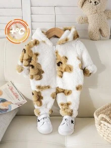 SHEIN 2 pièces Ensemble bébé nouveau-né garçon/fille mignon motif de dessin animé veste à capuche douce et pantalon à taille élastique, chaud pour les sorties et la maison en automne/hiver - Multicolore - Voir 3