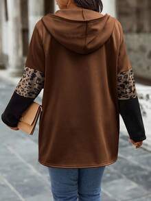 Calvaya Plus Size Color Block Leopard Print Zip Up Hooded Fleece Jacket, Autumn/Winter - Multicolor - View 2