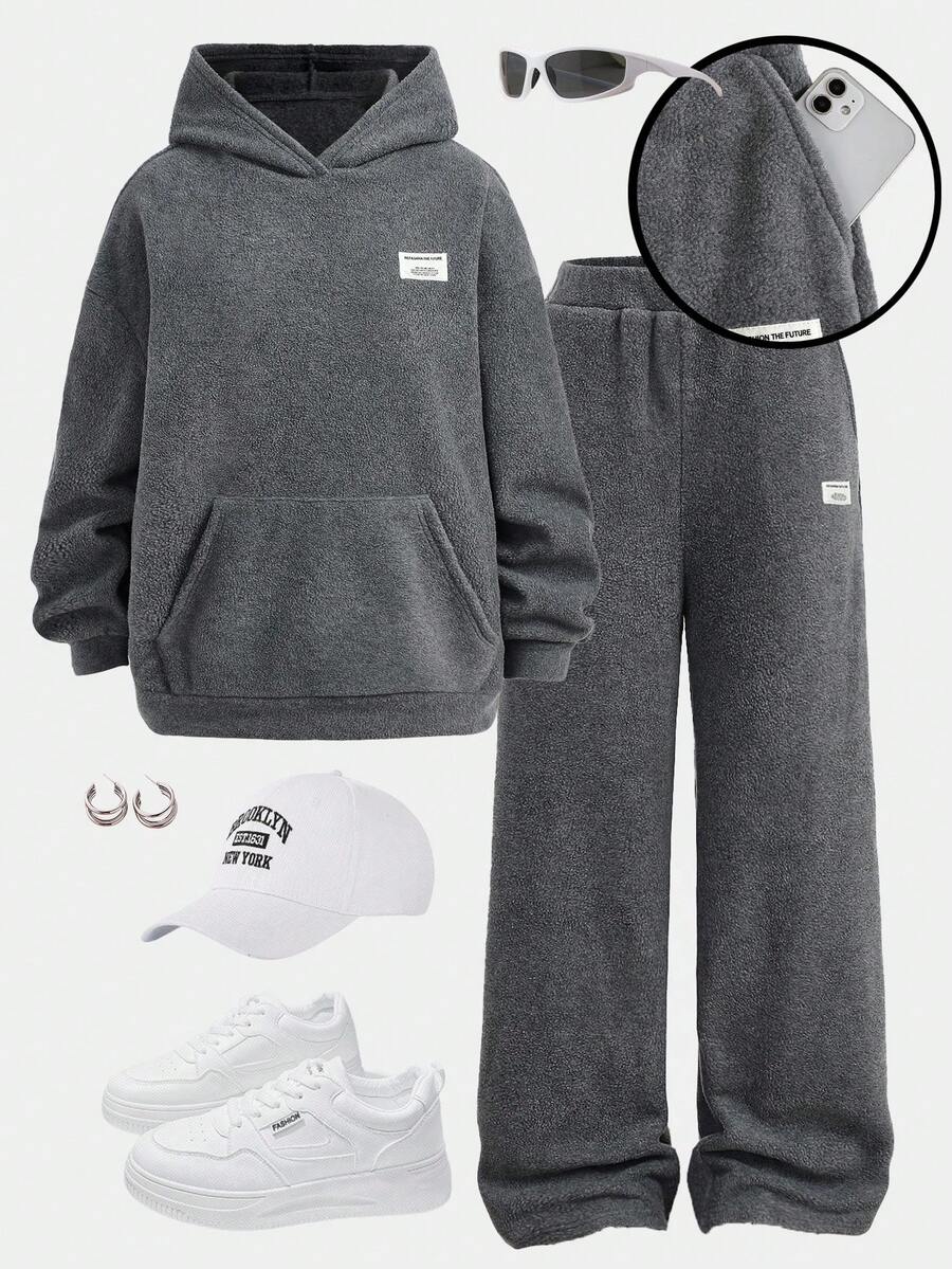 SHEIN Girlism 2 件套休闲百搭校园运动英文图案灰色连帽衫,适合青少年女孩,秋冬 - 灰色 - 查看 1
