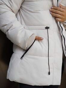 SAYEHFBABY 时尚休闲可调节腰部绗缝连帽加厚棉服外套冬季 - 米色 - 查看 3