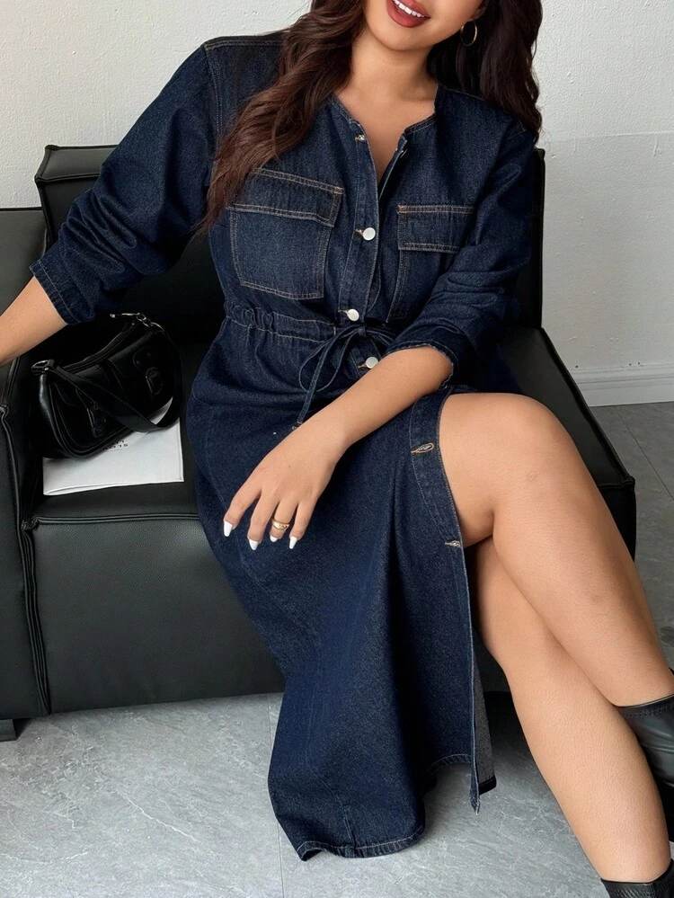 Dazy Plus Plus Size Dark Washed Blue Long Sleeve Cinched Waist Slim Fit Long Denim Dress, Autumn Dress
