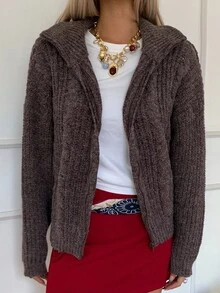 Livesso 女士宽翻领宽松纹理针织开衫，休闲商务办公装，棕色，秋冬 - 棕色 - 查看 3