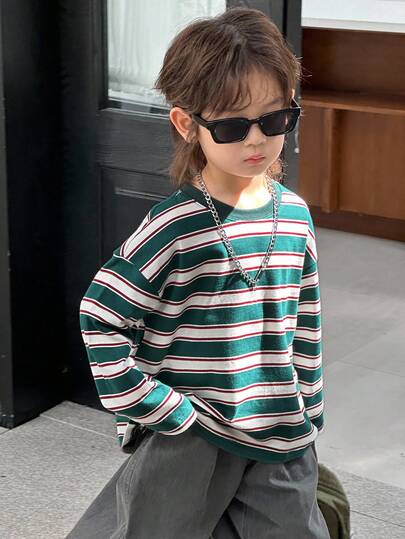 DAZY 秋季小男孩休闲宽松落肩拼色条纹T恤