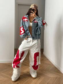 StreetHx Women's Casual Fashion Street Letter Graphic Patchwork Zipper Pocket Dropped Shoulder Loose Denim Jacket, Spring/Autumn - Blue - View 5