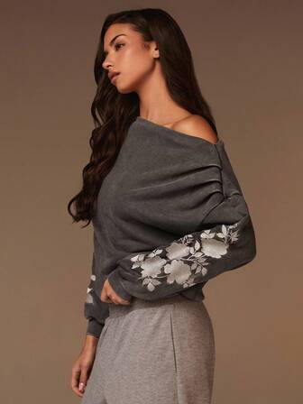 Athîral Women's Charcoal Grey Asymmetric One-Shoulder Sweatshirt | Soft Breathable Sweatshirt Fabric, Asymmetrical Slanted Neckline, Extended Length For Fall And Winter, Drop Shoulder Long Sleeves With Ribbed Cuffs & Floral Embroidery, Romantic Style For Office, Outdoor Sports, Home Office, Girls' Day Out & Everyday Versatility