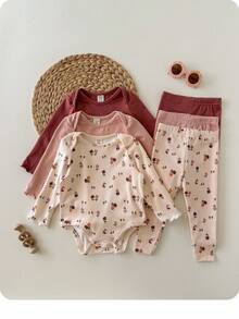 3件套新生女宝宝可爱休闲碎花弹力针织连体衣套装