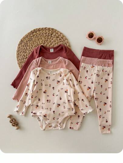 3pcs Newborn Baby Girl Cute Casual Ditsy Floral Elastic Knit Bodysuit